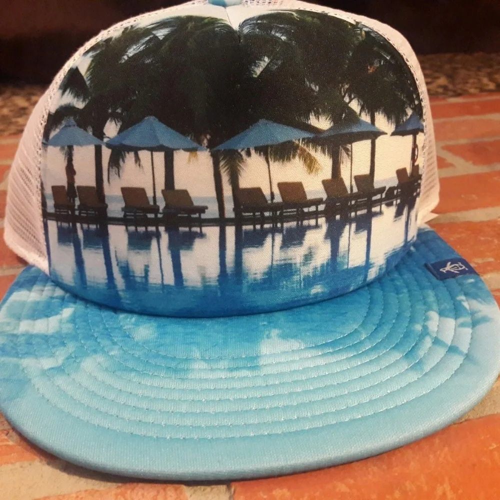 Penguin Palm trees Poolside Graphic Baseball Cap Mesh Trucker Blue Hat Resort - Picture 9 of 12